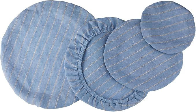 100% Pure Linen Bowl Covers For Bread Proofing, 4 Pcs Elastic Reusable Bowl Covers Large Ticking Striped Cloth Fabric Stretch Sourdough Lids, 6 * 8 * 10 * 12 Inches- Navy Blue