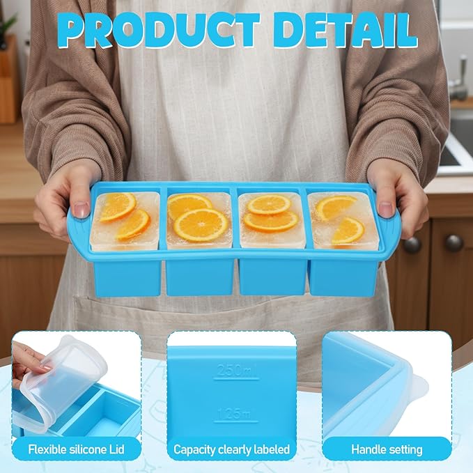 4 Pack Silicone Freezer Trays with Lid, 1/5, 1/2, 1, and 2 Cup Soup Freezer Molds Set Stainless Steel Frame Ice Cube Tray for Meal Prep Freezing Soup Stews Sauces Oven Microwave Safe(Blue)