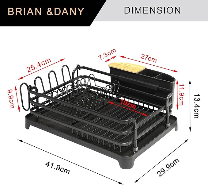 BRIAN & DANY Aluminum Dish Drying Rack, Dish Racks for Kitchen Counter, Dish Drainer with Removable Cutlery Holder & Cup Holder, 16.5" L x 11.8" W, Black