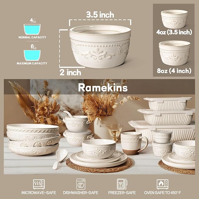 Artena Ramekins Oven Safe, Creme Brulee Ramekins, Embossed White Ceramic Ramiken, Souffle Pudding Custard Cups, Baking Dish, Dipping Bowls, Sauce Cups, Set Of 4 (Damask Floral, 4 oz)