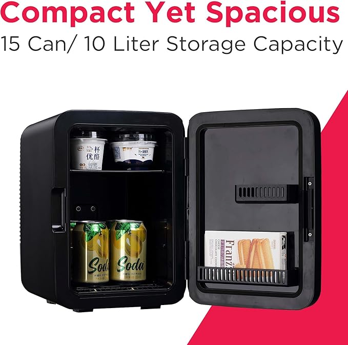 Frigidaire Mini Personal Fridge Cooler, Countertop, Holds Up to 10L/15 Cans, Brushed Black Stainless Rugged Design, Portable for Skincare, Makeup, Car, Office, Bedroom, Dorm Room, or Cabin