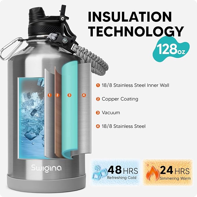 Swigina [2-IN-1 LID] Gallon Insulated Water Bottle with Silicone Boot (48hrs Cold/24hrs Hot) - DIY Stickers, Leakproof, BPA Free, 128 oz