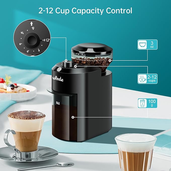 Wancle Electric Burr Coffee Grinder - Adjustable with 28 Precise Grind Settings for 12 Cups - Professional Coffee Bean Grinder (Plastic, Black)