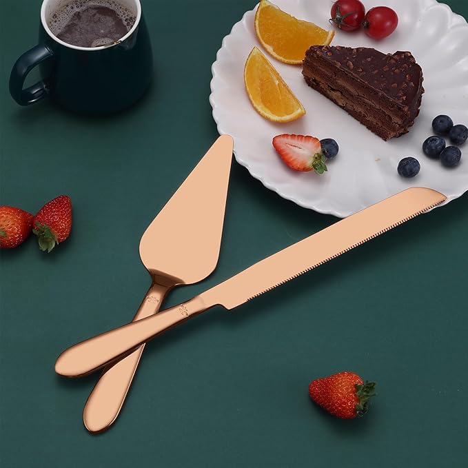 Wedding Cake Knife and Server Set, Integral Stainless Steel Longer Cake Cutter and Wider Pie Spatula, Elegant Cake Cutting Serving Set for Party Birthday Bridal Shower Set of 2, Rose Gold