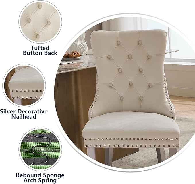 Velvet Dining Chairs Set of 4, Kitchen & Dining Room Chairs, Upholstered Dining Chairs with Back Ring Pull and Silver Solid Wood Legs, Modern Tufted Kitchen Chairs for Dining Room, Cream