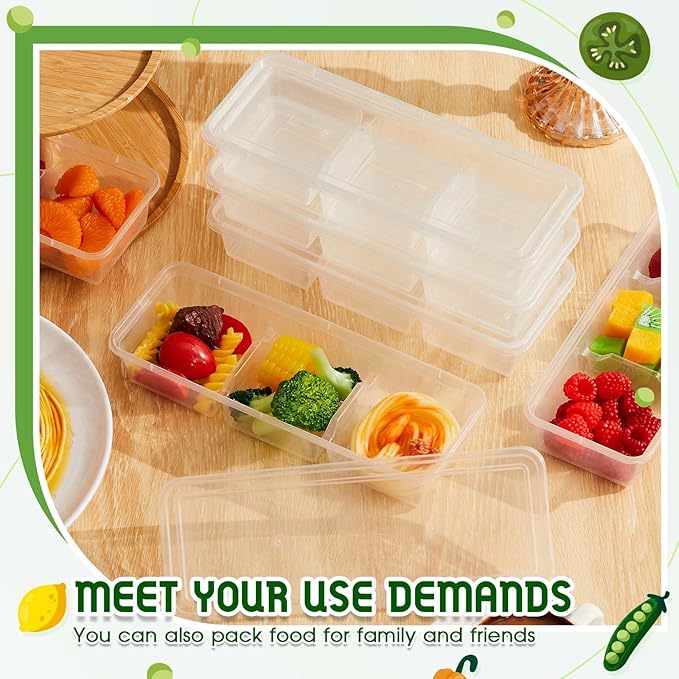 Hushee 25 Pack 17 oz Small Meal Prep Containers with 3 Compartments Snack Containers with Lid Disposable Plastic Bento Box Travel Lunch Food Boxes Stackable for Office Picnic (Black,Clear)