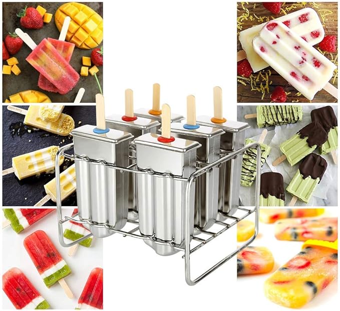 6 Pcs Stainless Steel Popsicle Molds, Ice Pop Molds with Holder, Stainless Steel Reusable Homemade Popsicle Maker with 50 Wooden Sticks and 6 Silicone Seals and 20 Pop Bags, Cleaning Brush