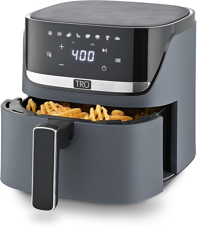 TRU 4-Quart Digital Air Fryer by Select Brands - Family Size, One-Touch Control, 8 Presets - Air Fry Chicken, Meat, Veggies, Fries - Nonstick Pot and Crisping Tray, Auto Shut Off, Matte Gray