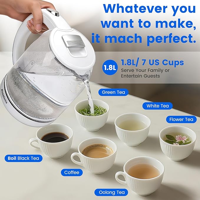 Household Electric Kettle, All 304 Stainless steel and No Plastic Contact, Automatic Shut-off,Borosilicate glass Visual Boiling, 2.0L Water Boiler & Tea Kettle Perfect For Tea & Coffee (pure white)