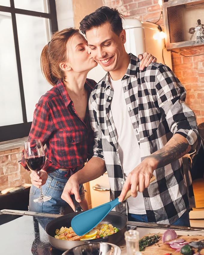 Multifunction Spatula Spoon for Nonstick Cookwares, Great for Cooking and Serving, Sturdy BPA-Free Matte Silicone, Wood Handle Spatula for Mixing, Scoop, and Scrape, Turquoise(2 pack,11.4" & 13.4")