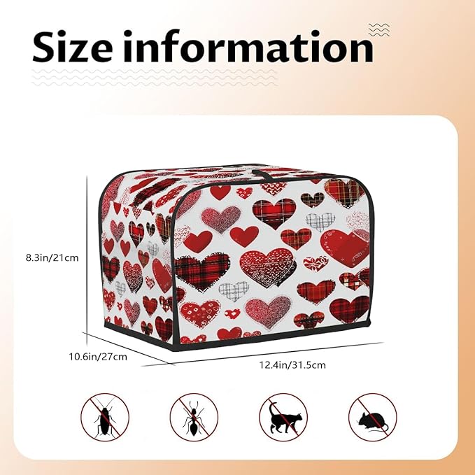 4 Slice Toaster Cover,Valentine's Day Buffalo Heart Small Kitchen Appliance Bread Machine Cover with Pockets,Dust & Fingerprint Protection