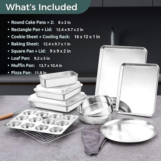 E-far 12-Piece Bakeware Sets, Stainless Steel Baking Pan Set Includes Cookie Sheet, Round Square Rectangle Cake Pans with Lids, Multi-Functional for Loaf Muffin Pizza, Non-toxic & Dishwasher Safe