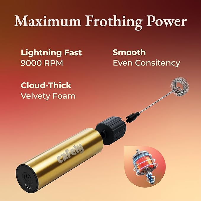 Premium Gold Milk Frother Handheld - USB Rechargeable Foam Maker with Dual Stainless Steel Whisks - Powerful Drink Mixer for Lattes & Matcha