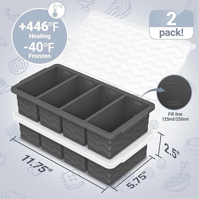Doasuwish Silicone Freezer Tray for Soup with Lid – 1-Cup Soup Container Style Ice Cube Trays for Freezer, Meal Prep & Food Storage, Freeze 250mL/125mL Portions – 2 Pack