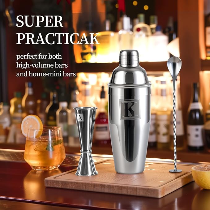 24oz Cocktail Shaker Set with 1 oz 2oz Jigger - Monogramm Initials Martini Shaker Set - 304 Stainless Steel Bar Shaker for Margarita,Mojito-Personalized Gift for Friend,Husband-D