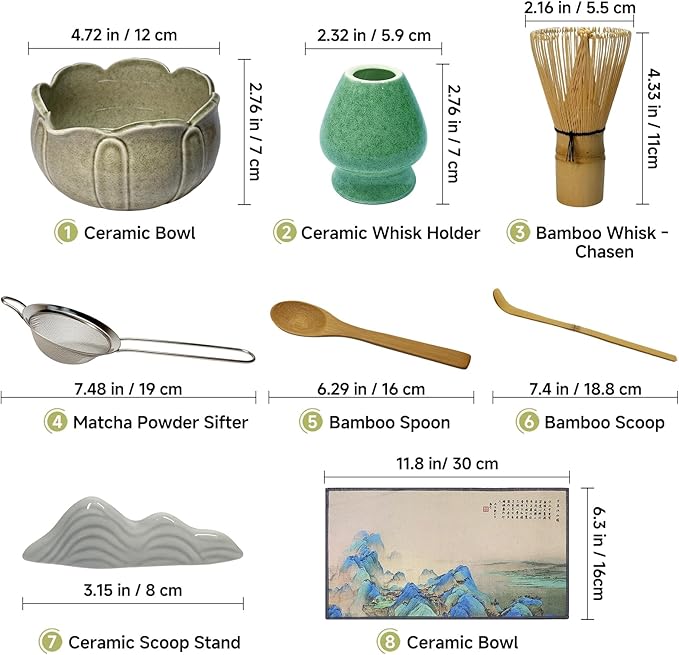 Matcha Whisk Set with Ceramic Bowl - Bamboo Whisk (Chasen), Scoop, Sifter & Holder - Complete Kit for Traditional Matcha Tea - Unique Gifts for Tea Lovers (Celadon Lotusl)
