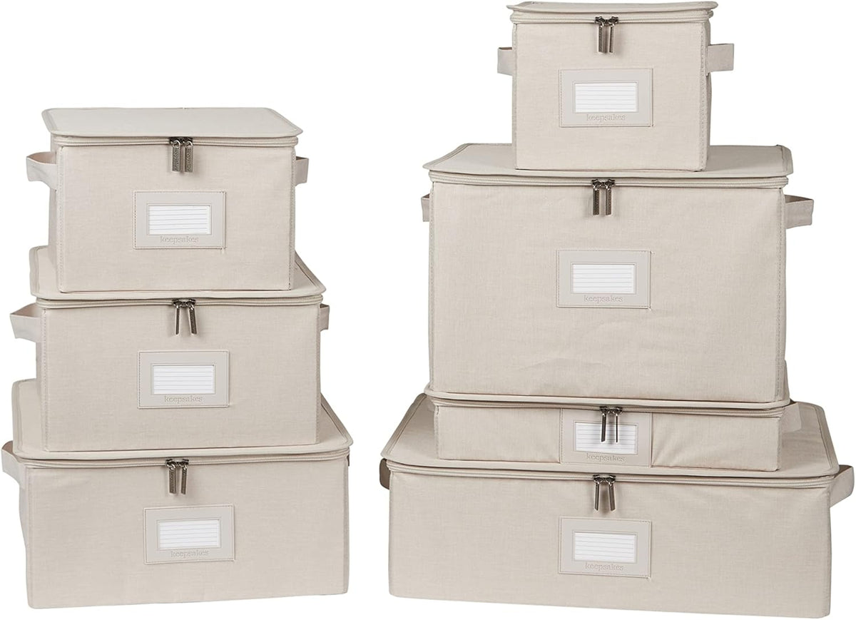 Covermates Keepsakes Dish Storage Box - Stackable, Reinforced Handles, China Storage, Beige Heather