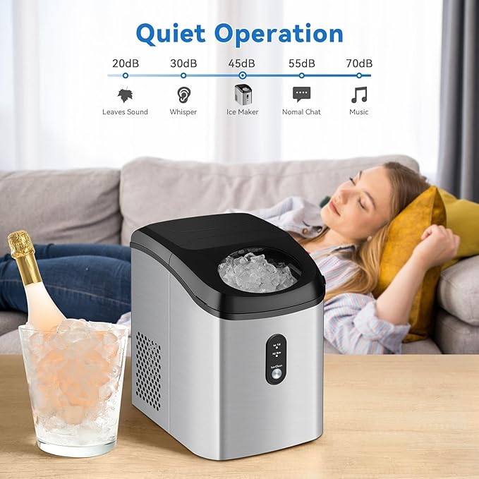 Countertop Nugget Ice Maker, 33lbs/24H, with Crunchy Chewable Ice Cubes, Rapid Ice Making in 6-8min, Portable Compact Design for RV/Home/Kitchen/Office