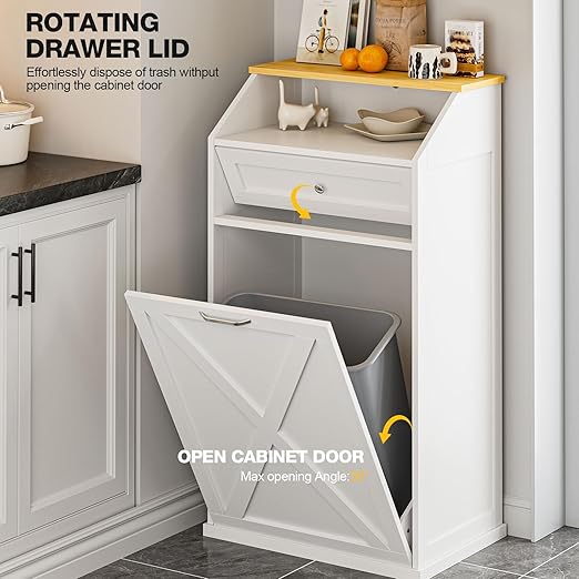 GAZHOME 13 Gallon Tilt Out Trash Cabinet, Upgrade Wooden Recycling Cabinet with Flip Door,White