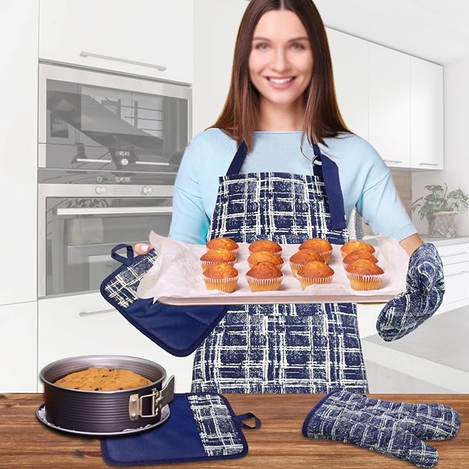 Alselo Oven Mitts and Pot Holders with Cooking Apron,Set of 5 Heat Resistant Kitchen Gloves and Silicone Non-Slip Potholders Adjustable Neck Buckle Chef Apron, Cotton Nice Design for Cooking (Navy)