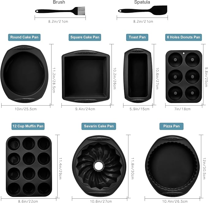 Aschef 9in1 Nonstick Silicone Baking Ring Cake Pan Cookie Sheet Molds Tray Heat Resistant Bakeware Tools Kit for Muffin Loaf Bread Pizza Cupcake Utensil