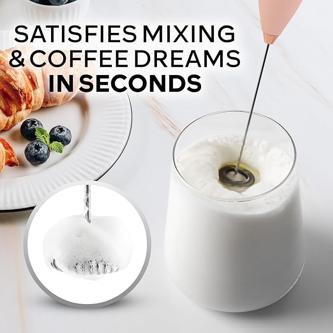 Zulay Kitchen Powerful Milk Frother Wand With 4 AA Duracell Batteries - Ultra Fast Handheld Drink Mixer - Electric Whisk Foam Maker for Coffee, Lattes, Cappuccino, Matcha & Creamer - Rose Peach