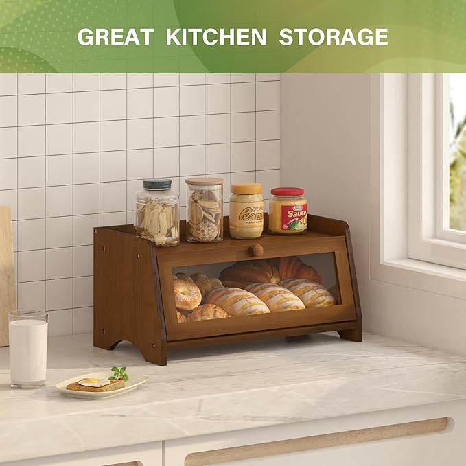 JANSNIMEN Vintage Bread Box for Kitchen Countertop, Large Bread Container Storage, Wooden Farmhouse Bread Box with Window Bread Holder (Brown)