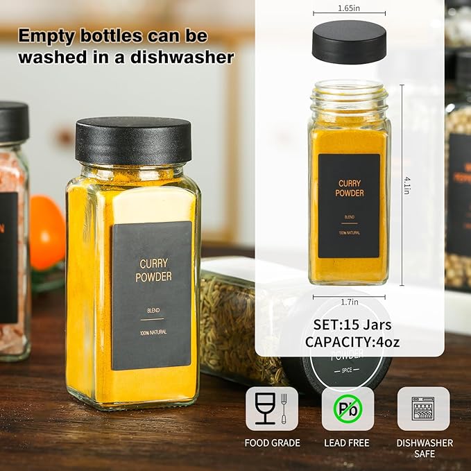 Spice Jars with Label，4oz Glass Spice Bottles With Shaker Lids，Seasoning Containers with Funnel, Chalk Pen for Cabinet，Drawer，Rack (Black, 36)
