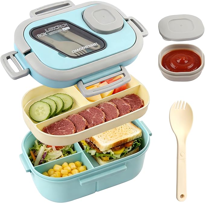 Adults Bento Lunch Box,Salad Container Large 43oz Salad Bowl, Bento-Style Tray for Toppings, 3oz Sauce Container for Dressings, and Built-In Reusable Fork
