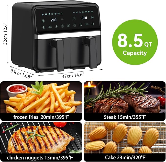 8 Quart Dual Basket Air Fryer - Digital Touchscreen, Smart Sync Finish,Auto Shutoff, 2 Independent 4QT Nonstick Dishwasher-Safe Frying Baskets - Digital Double Air Fryer