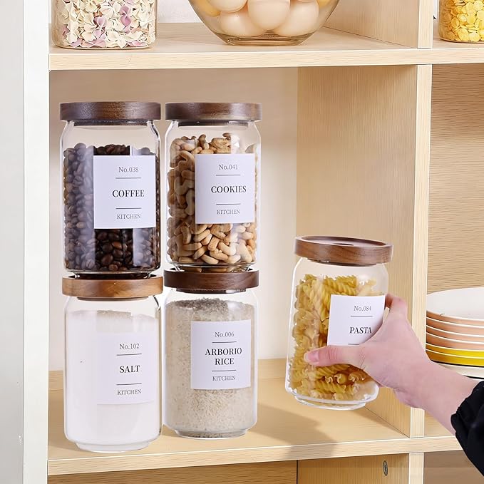 Tzerotone Glass Pantry Storage Jars with Acacia Airtight Lid, 25oz Clear Kitchen Canisters with Wood Lid, 6 Set with 132 Labels for Tea, Sugar, Spice, Herbs
