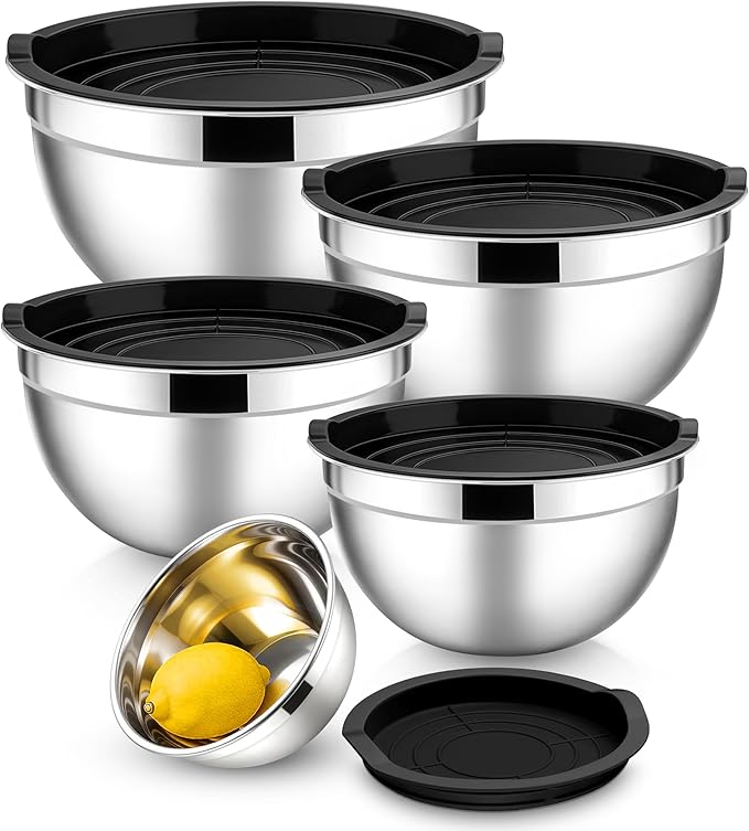 E-far Mixing Bowls With Lids Sets of 5, 10-Piece Stainless Steel Salad Metal Nesting Bowl for Baking Cooking and Prepping, Airtight Lid & Stackable Design, Size 4.6, 3, 2.1, 1.5, 0.7 QT, Black