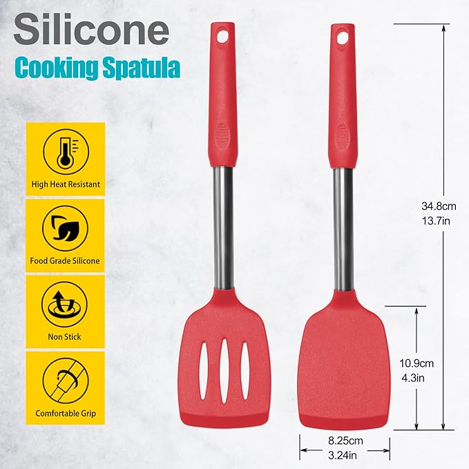 2 Pack Spatulas, Solid & Slotted Silicone Spatula Set, Stainless Steel Handle Coated with Silicone, Non Stick Turners, Heat Resistant Rubber Spatulas for Fish, Eggs, Pancakes, WOK, Red