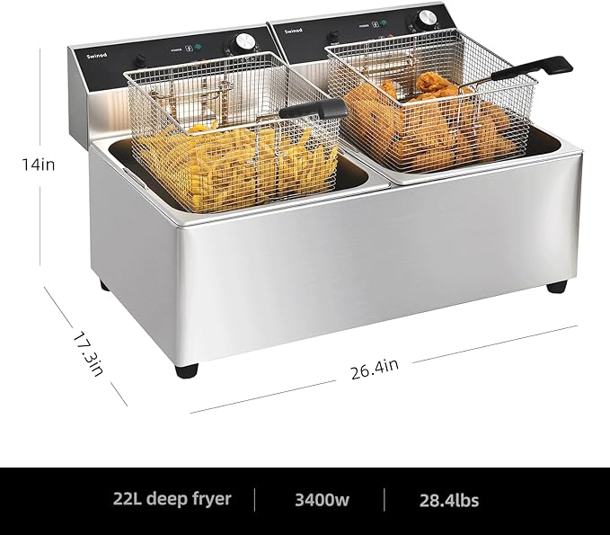 Commercial Deep Fryer with Basket, 3400w Dual 14Qt Oil Tank 0.6mm Thickened Stainless Steel Countertop Electric Fryer for Home and Commercial Use, Oil Fryer with Double Overheat Protection