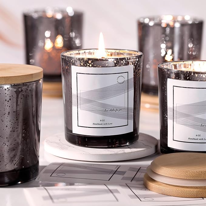 LAMORGIFT 15 Pack Dark Gray Candle Jars With Lids - 8oz Mercury Glass Candle Making Containers - Includes 20 Pcs Labels