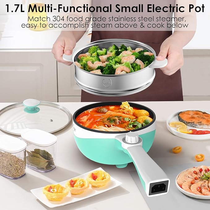 Audecook Hot Pot Electric, 1.7L Mini Electric Skillet Portable Nonstick Sauté Pan with Power Adjustment, Ramen Cooker Travel Multicooker for Steak/Soup/Egg/Oatmeal/Noodles