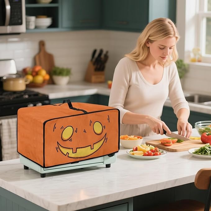 Air Fryer Toaster Oven Cover Fabric Convection Oven Cover with Pockets, Washable Small Appliance Dust Protection, M, Cartoon Pumpkin Face Pattern Halloween Decor