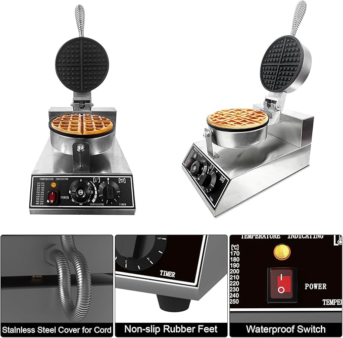 Commercial Waffle Maker, 1200W Stainless Steel Nonstick Round Waffle Iron with 122℉ to 572℉ Temp Range & Time Control, for Household Bakeries Snack Bar