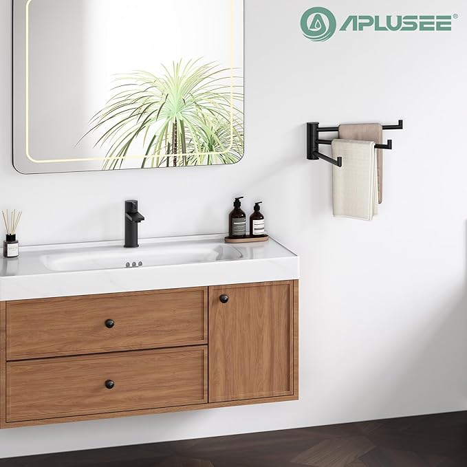 APLusee Swivel Towel Rack for Bathroom Wall Mounted, SUS 304 Stainless Steel Swivel Door Towel Bar with Multi 3 Rotating Arms, Matte Black