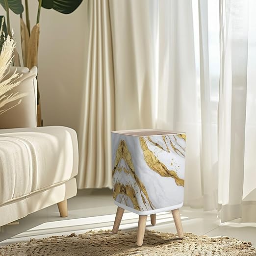 Small Trash Can with Lid Luxury White Gold Marble texture Panoramic Marbling texture for Wastebasket with Press Cover Dog Proof Garbage Can Waste Bin for Kitchen Bathroom Nursery 2.6 Gallon