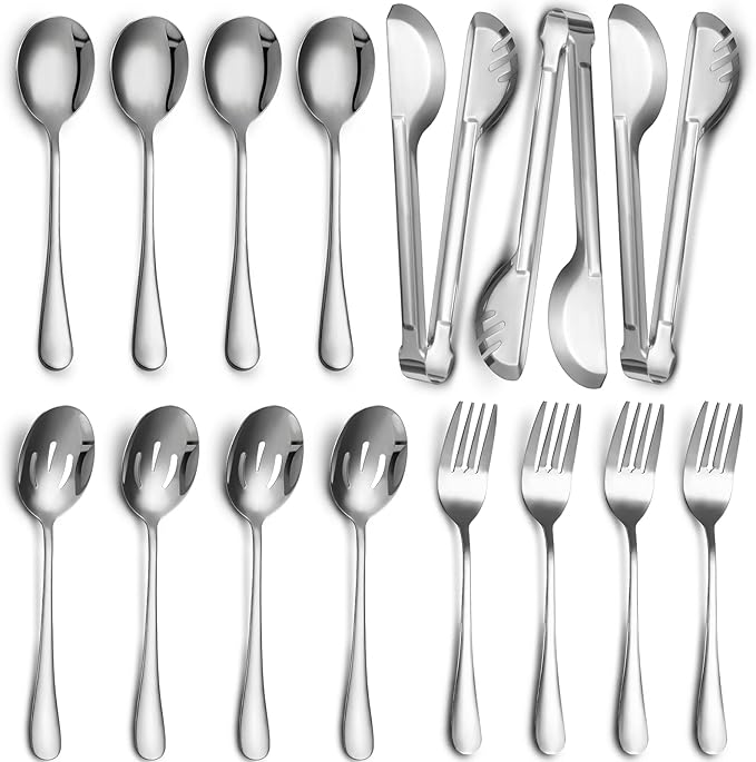 Patelai 15 Pieces Christmas Stainless Steel Silver Serving Utensils Set 8.7" Large Spoons and Slotted Spoon 9.45" Tong 9" Forks Flatware Wedding Party Buffet Banquet Cooking Kitchen Catering
