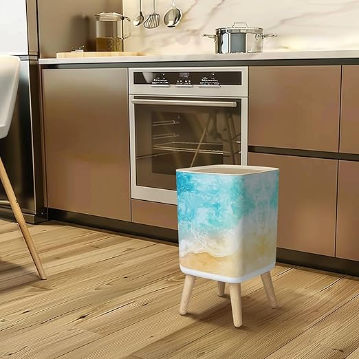 Small Trash Can with Lid Abstract Beach Sea Summer Grunge Background Wave Sand Pastel Crayon Wastebasket with Press Cover Dog Proof Garbage Can Waste Bin for Kitchen Bathroom Nursery 2.6 Gallon