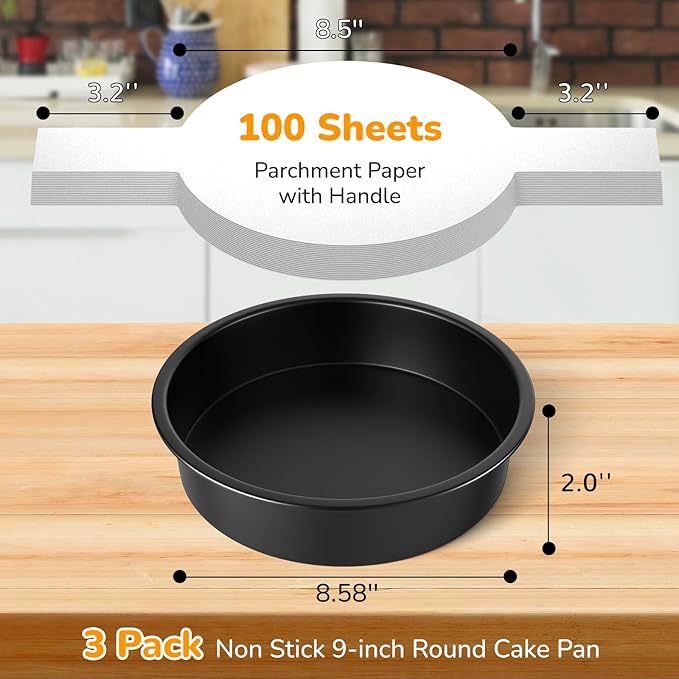 9 Inch Round Cake Pan Set of 3, Nonstick Baking Pans with 100PCS Parchment Paper, Dishwasher Safe