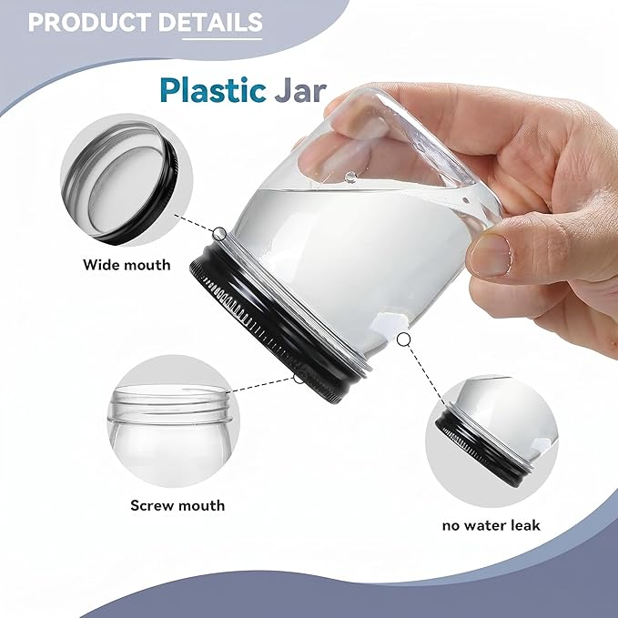 novelinks 8 oz Clear Plastic Jars with Airtight Lids, 24 Pack Plastic Mason Jars with Lids 8oz, Refillable Storage Slime Containers & Small Spice Jar for Kitchen Organization (24 Pack,Black)