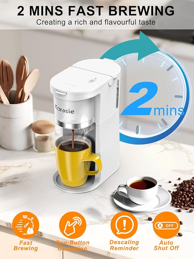 Small Single Serve Coffee Maker, Fast Brew for K-Cup & Ground Coffee, 6-12 Oz Brew Sizes, One-Button Single Cup Coffee Maker, Coffee Machine with Descaling Reminder,White,9.45 Inches