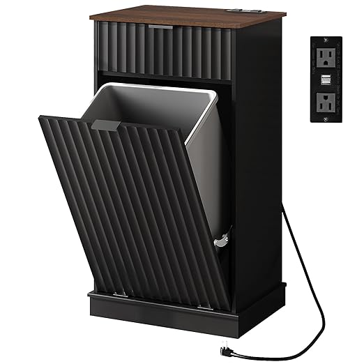 WLIVE 10 Gallon Tilt Out Trash Can Cabinet, Hidden Garbage Can Cabinet with Power Outlets, Storage Drawer, Food/Clothes Storage Pet Proof Kitchen Trash bin for Home, Launday (Black)