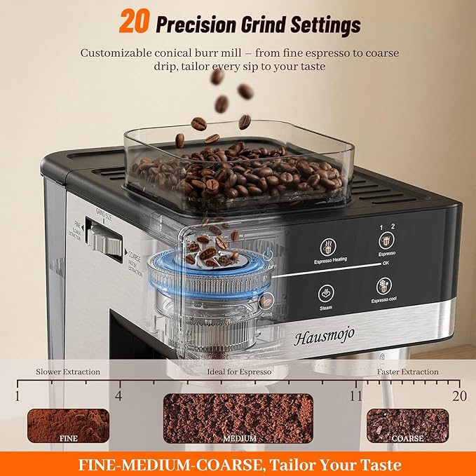 Espresso Machine with Grinder, 20Bar Expresso Coffee Machines with Milk Frother, Professional Compact Stainless Steel Coffee Maker for Espresso, Latte & Cappuccino, Perfect for Home Use