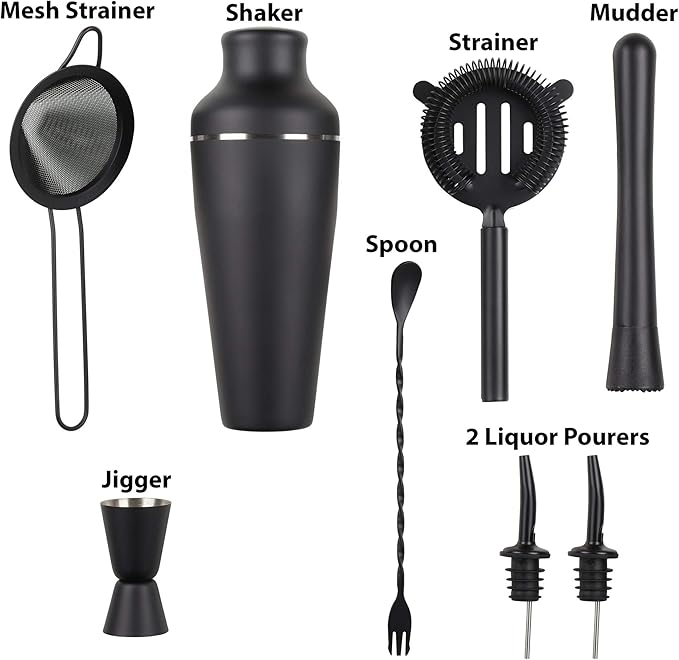 9-Piece Cocktail Shaker Bartender Kit with Stand, Boston Shaker, Mixing Spoon, Muddler, Measuring Jigger, Mesh and Regular Strainer, Liquor Pourers and More Professional Bar Tools