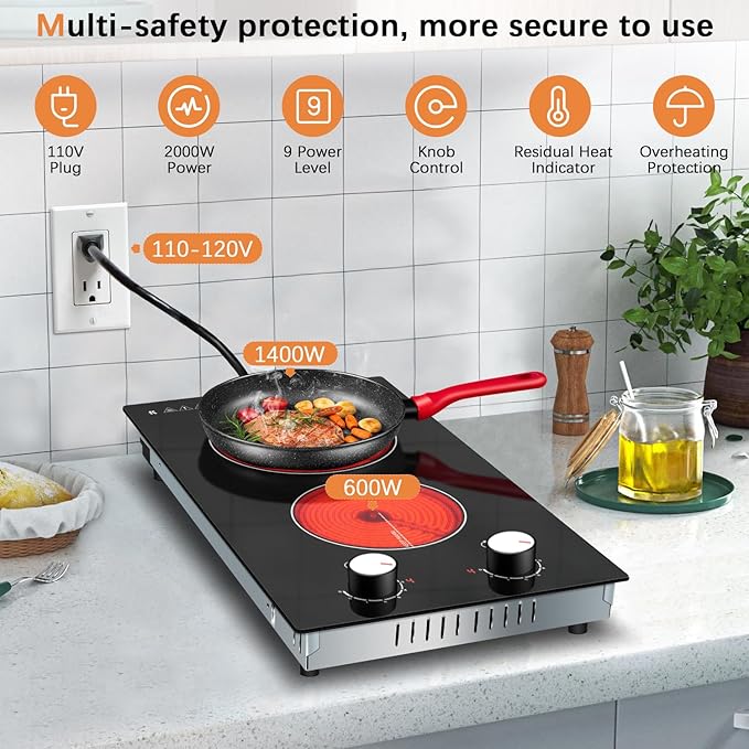 Karinear 110V Electric Cooktop 2 Burners Electric Stove 12 Inch Knob Control Countertop & Built-in Ceramic Cooktop, 9 Heating Level, Hot Warning, Over-Temperature Protection(White Knob)