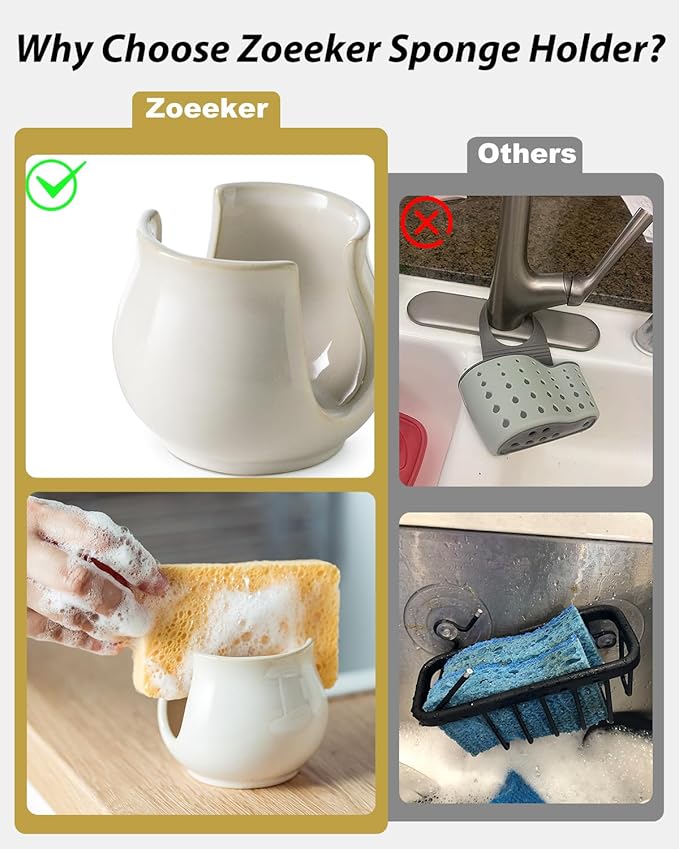 Sponge Holder for Kitchen Sink Counter, Ceramic Dish Sponge Caddy White Sink Organizer Dish Rack Farmhouse Brush Holder for Bathroom, Kitchen, White